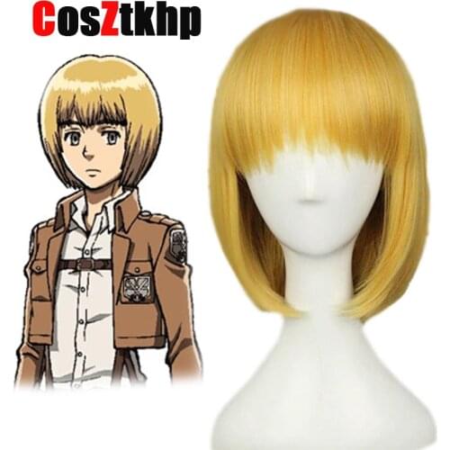 Attack On Titan Armin Arlert Short Silky Straight Boys Shaggy Layered Yellow Bob Synthetic Cosplay Wig+ Wig Cap