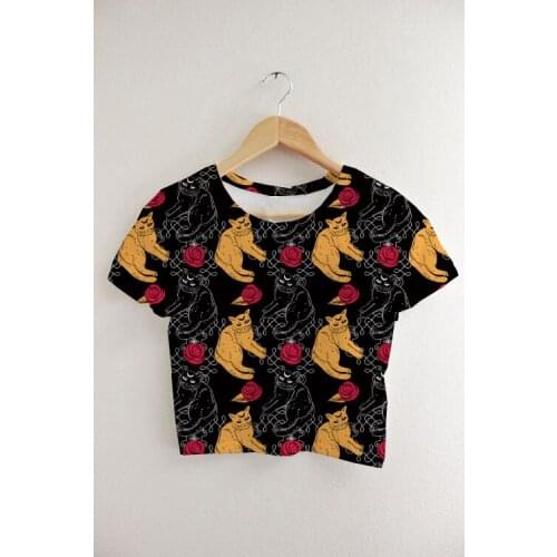 Custom Made Your Designs Sublimation Print Elevated Elegant Tarot Cat Milk Silk Crop T-Shirt Tops