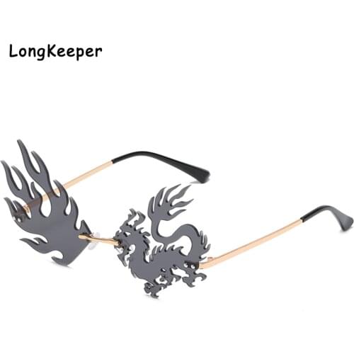 2021 Fashion Rimless Fire Flame Phoenix Sunglasses Women Brand Designer Party Halloween Unique Funny Sun Glasses Men Cool Gafas