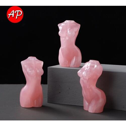 1pc Natural Rose Quartz Goddess Statue Crystal Carved Woman Torso Energy Pink Gem Body Sculpture Decorate Gift
