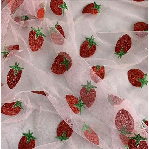 Lovely Glitter Strawberry Lace Fabric,Sequin Tulle Nylon Mesh Fabric For Summer Dress,Gowns,Black,White,Pink,by the meter