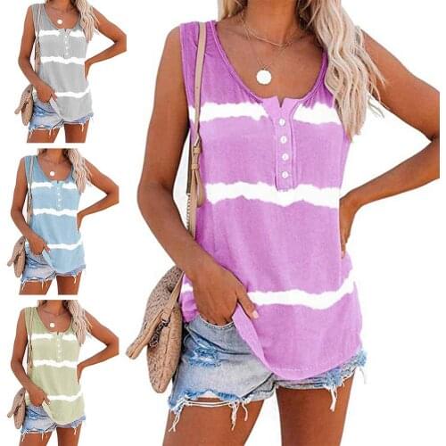 Women Summer Stripe Sleeveless Button Round Neck Casual Blouse T-Shirt Top Vest Women Blouse Woman Ladies Shirts Plus Size 3XL