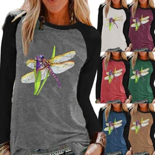 Women Spring and Autumn Dragonfly Printing Round Neck Raglan Loog Sleeve Pullover Top Loose Plus Size Graphic T-shirt