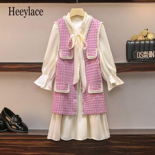 Plus size women autumn elegant tweed two piece set for women bow collar loose dresses and tweed pink vest suits korean clothes