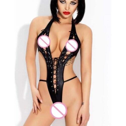 Womens Underwear Porno Lingerie Faux Leather Teddy Lingerie Black Halter Backless Lace Up Bodysuit Sexy Costumes
