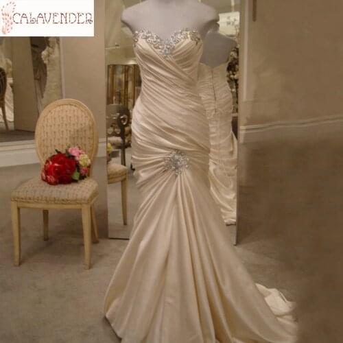 Vestido De Noiva Sweetheart Formal Wedding Dresses Ruched Crystals Beaded Champagne Wedding Dress Lace Up Back with Sweep Train