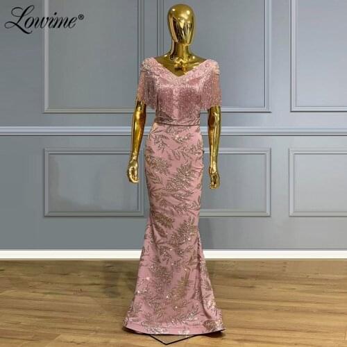 V Neck Pink Formal Women Party Dress 2020 Beaded Glitter Mermaid Evening Gowns Kaftans Abendkleider Long Prom Dresses Mermaid