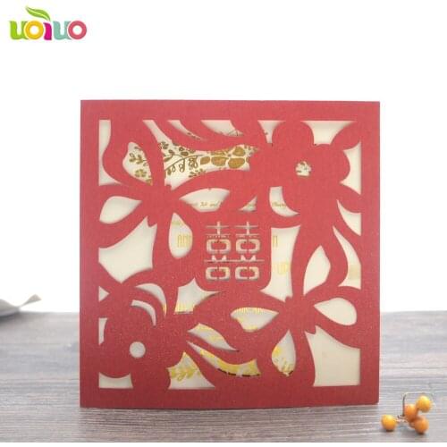50 Elegant China red customized wedding invitation card chamange laser cut handmade flower pocket invitation cards wholesale