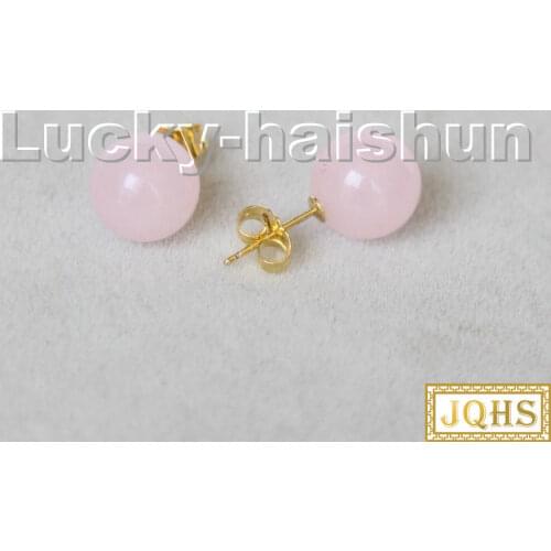 AAA natural Studs 10mm round light pink Jade beads Earrings 14K gold post c297
