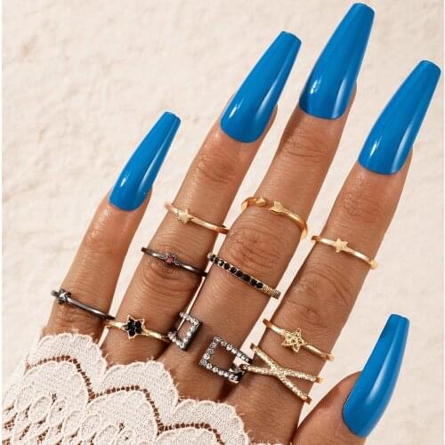 Docona 11pcs/set Luxury Star Crystal Rings for Women Bohemia Geometry Open Adjustable Rhinestone Ring Sets Female Jewelry 14063