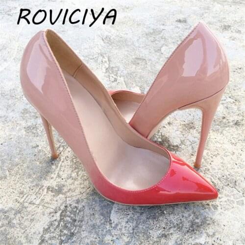 Gradient color nude red women fashion 12cm high heels sexy pointed shoes woman bridal wedding party club shoes QP005 ROVICIYA