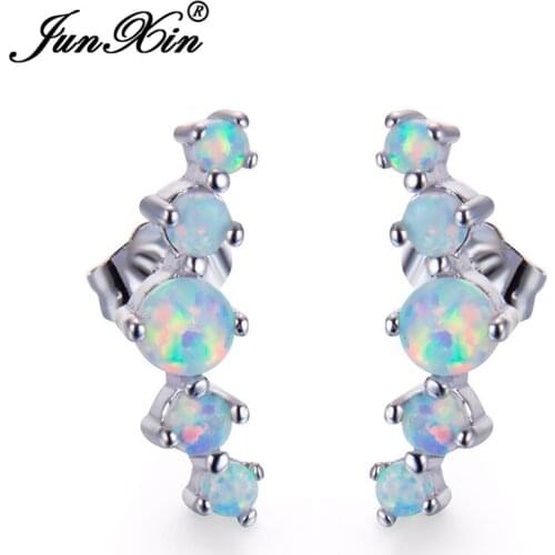 JUNXIN Luxury Geometric Round White Fire Opal Stud Earrings For Women Unique Silver Color Double Wedding Earrings
