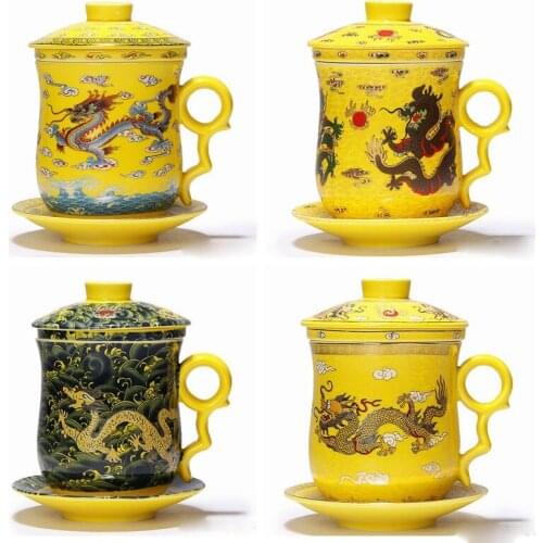 Chinese-style ceramic dragon and phoenix classic water cup Chinese antique art boutique Long Feng Chengxiang c