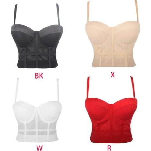 KLV Women Sexy Sheer Mesh Bustier Crop Top Push Up Padded Solid Color Bralette Club Party Wedding Corset Bra Sling Vest