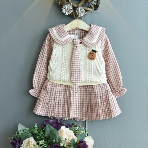 Girls Clothing Set Girls Dresses 2021 Spring Autumn New Long Sleeve Plaid Dress & Knitted Vest Sets Fall Children School Clothes