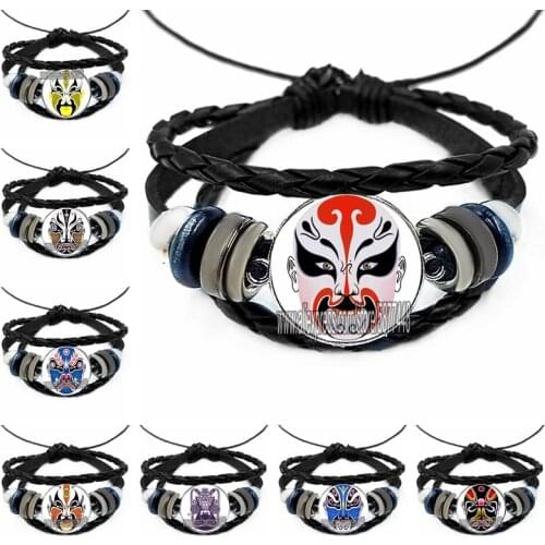 Peking Opera Face Bracelet Glass Cabochon Bangle Chinese Traditional Facial Makeup Multi-layer Leather Bracelet