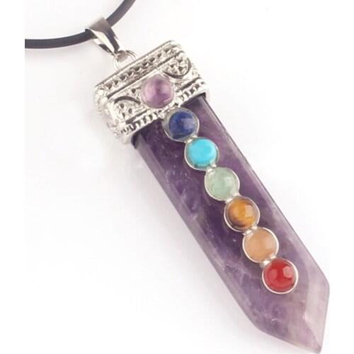 Trendy-beads Vintage Style Silver Plated Natural Purple Amethysts Sword Shape Inlay Colorful Beads Chakra Pendant