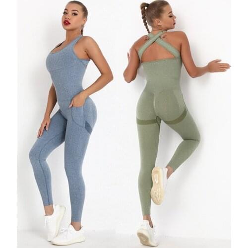 2021 New Seamless Yoga Set Women Gym Clothes Siamese Workout Set Sexy Peach Hip Pocket Leggings Fitness Sportswear Sports Suits