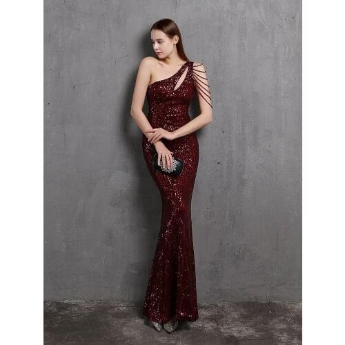 2021 New Elegant One Shoulder Mermaid Sequins Cocktail Party Dress Sleeveless Slim Tassels Crystal Prom Gowns Formal Dress Long