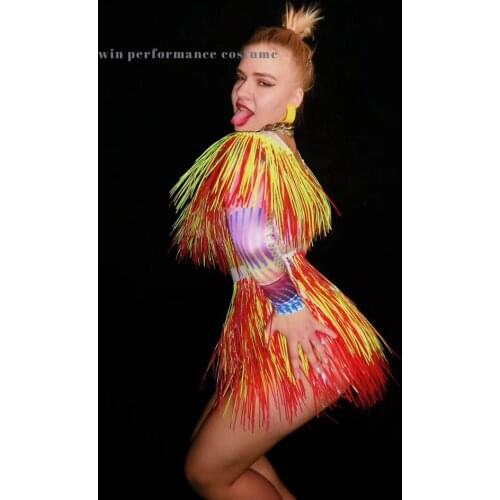 CLOLORFUL orange plastic bodysuit women singer stage wear outfit nightclub show club show leotard party bodysuit performance