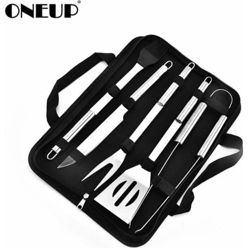 ONEUP 5pcs Stainless Steel Barbecue Grill Accessories Set with Portable Carry Bag Barbecue Grilling Utensils Non-Stick BBQ Tool