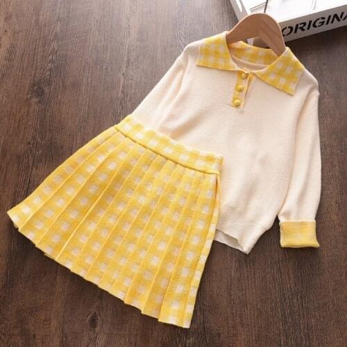 Girls Autumn Fall Clothing Sets Fashion Spring Kids Full Sleeve Sweaters Plaid Skirt 2Pcs Suits Children Casual Party Clothes