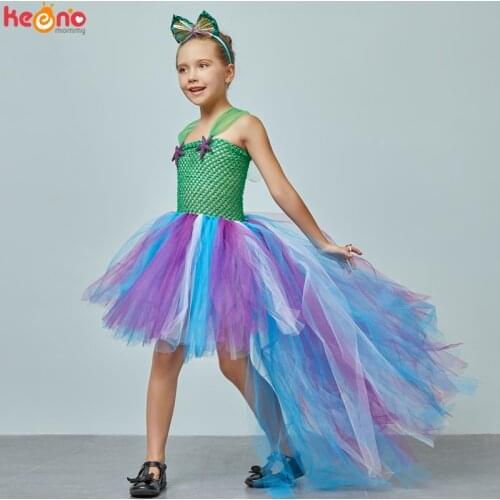 Mermaid Flower Girl Tutu Dress with Trail Kids Summer Wedding Under the Sea Birthday Couture Starfish Costume Girls Ball Gown