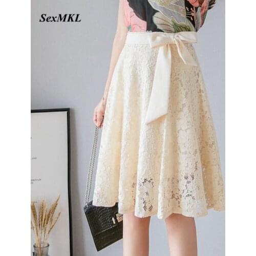 Plus Size Lace Pleated Skirts Womens 2020 Sexy Summer Midi Knee Length Korean Elegant High Waist Skirt Casual Office Lady Skirts