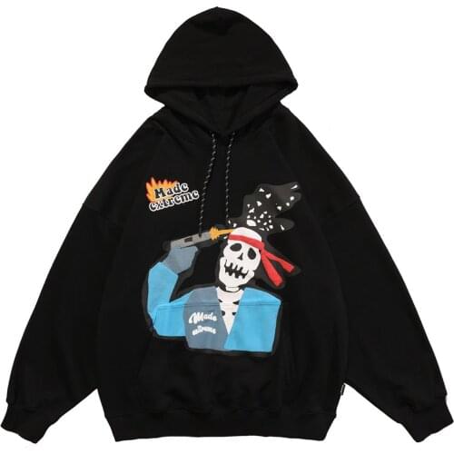 Hoodie Sweatshirt Men Color Block Skeleton Patch Streetwear Autumn Hooded Baggy Fashion Harajuku Hip Hop Style Pullover