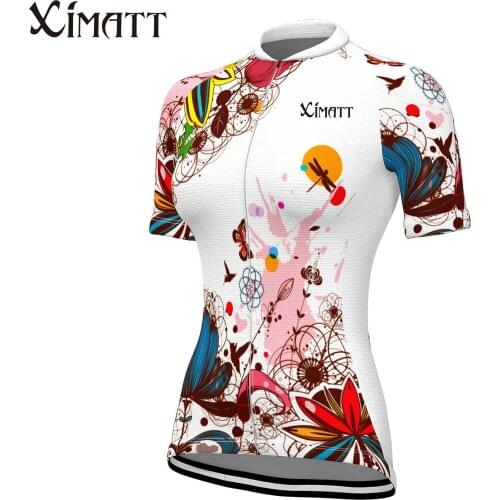 Womens Short Sleeve Cycling Jersey Summer Polyester White Floral Botanical Bike Blouses Quick Dry Moisture Wicking Breathable