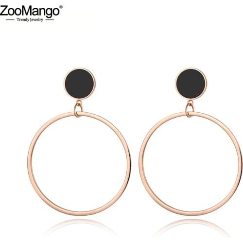 ZooMango Stainless Steel Black Acrylic Disc & Circle Earrings Jewelry Rose Gold Color Trendy Earring For Lady Women Gift ZE18077