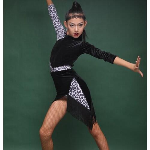 2021 Girls Latin Dance Costumes Black Leopard Long Sleeve Practice Clothes Cha Cha Rumba Samba Tango Latin Dance Dress DQS6379