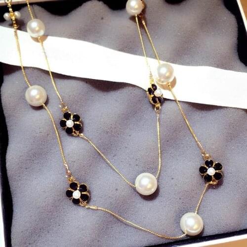 2020 New Flower Double Layers Simulated Pearl Necklace Women Bijoux Luxury Fashion Jewelry Long Necklace Fine Gifts For Mother