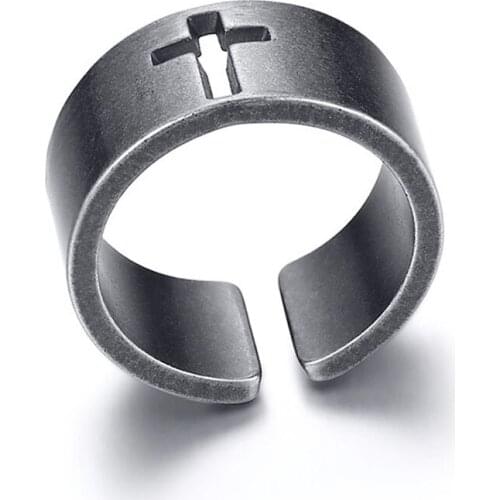 10mm Stainless Steel Oxidized Open Cue -Out Cross Ring for Men Christian Jewelry