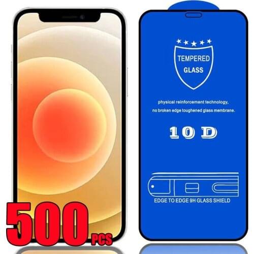 500pcs 10D Tempered Glass Full Glue Coverage Premium Screen Protector Film For iPhone 12 Mini 11 Pro Max XS XR X 8 7 6 Plus SE