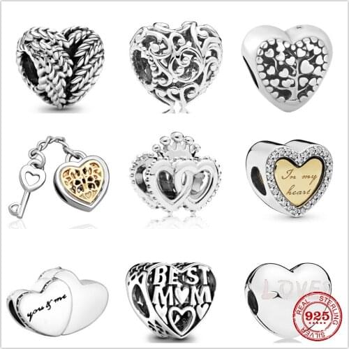 925 Sterling Silver Bead Charm Shiny Heart-shaped Bead Fit Original Pandora Charm Silver 925 Bangle DIY Jewelry