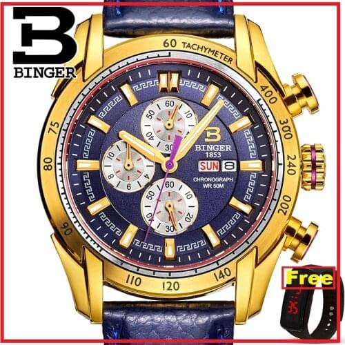 Japan Movement Switzerland Mens Watch Luxury Brand Wristwatches BINGER Quartz Male clock Chronograph Diver glowwatch B1163-7