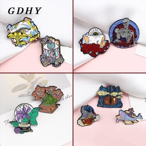 GDHY Red Rose Skeleton Magic Eye Art Brooch Wizard Skull Oh~My Maria！Flower Music box Enamel Pin Badge Jewelry Gift for Kids