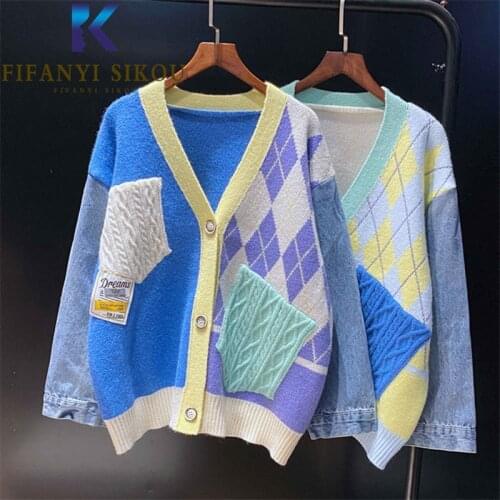 Cardigan Women Denim Spliced Knitted Sweater Jacket V-Neck Pocket Fashion Patchwork Knit Coat Female High Quality Loose Sweaters