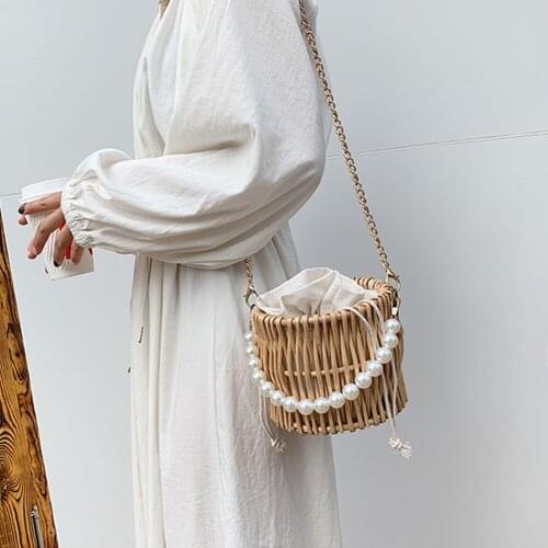 New Handmade Rhinestone Beading Chain Straw Bag Small Straw Bucket Bags Lady Travel Purses and Handbags