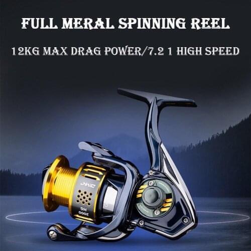 Full Metal Spinning Reel 12KG Max Drag Power 7.2:1 High Speed 9+1BB Gear Ratio Spinning Fishing Reel CNC Spool Line Cup Handle