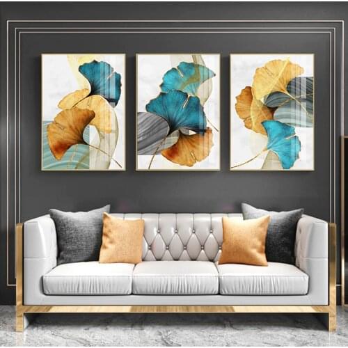 Golden Blue Plant Leaf Canvas Poster Print Modern Home Decor Abstract Wall Art Painting Nordic Living Room Decoration Picture