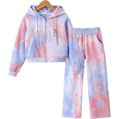 10 to 12 years Girls Tie-dyed Zipper Coat Clothes Set 2021 Autumn New Fashion Casual Pants 2 pieces Teen Girls Suits