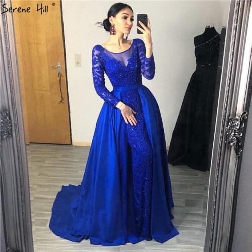 Luxury Pink Mermaid Evening Dresses Emeradald Green Train Long Sleeves Beading Crystal Evening Gown 2020 LA6172