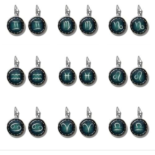 12 Constellation Aries Leo Pisces Earrings Zodiac Sign Art Pattern Glass Cabochon Stud Earrings for Women Girls Birthday Gifts