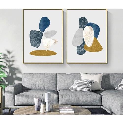 Nordic Abstract Stone Wall Art Canvas Painting Blue Gold Gray Poster Print Wall Picture for Living Room Dinner Room Morden Decor