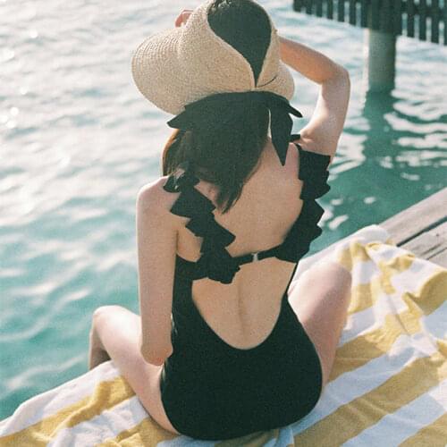 South Korea New Solid Color Irregular Petal Sling Low-Cut Back Sexy Hollowed Out Tight-Fitting Cute Girl Sweet And Pure Swimsuit