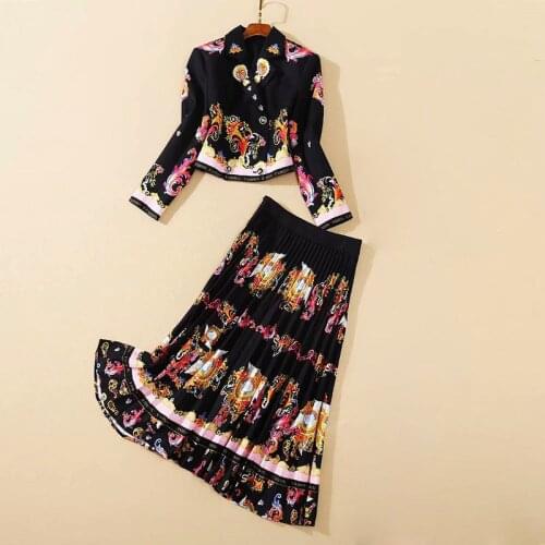 New HIGH QUALITY 2021 Designer Runway Womens Notched Long sleeve short Blazer half skirt vintage Floral Print suit Set
