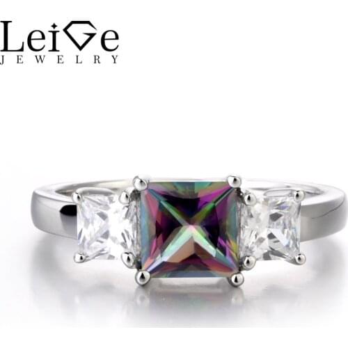 Leige Jewelry Mystic Topaz Ring for Women Sterling Silver 925 Rainbow Topaz Rings Anniversary Gift Princess Cut Gemstone Jewelry