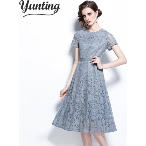 2021 Summer Women Blue Lace Round Neck Short Sleeve Waist Slim Dress Female Elegant Crochet Flower Hollow Out Casual Vestidos